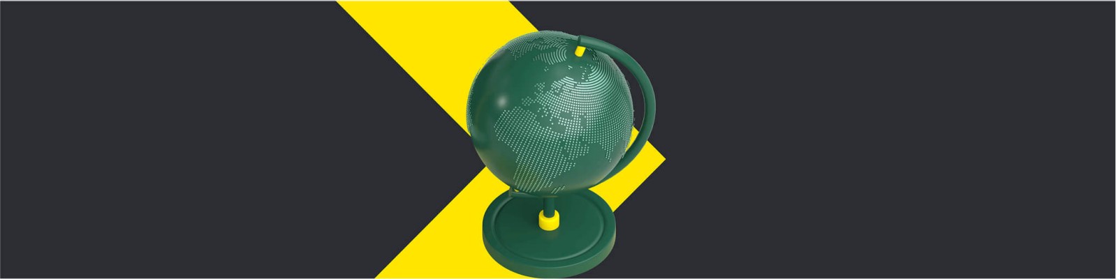Ein stilisierter grüner Globus mit digitalen Mustern vor einem dunklen Hintergrund mit einem kräftigen gelben geometrischen Design. Steht für globale Konnektivität und moderne Technologie.