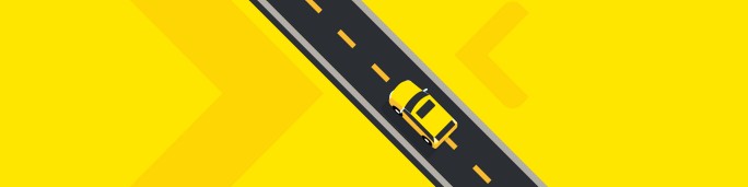 A minimalistic illustration featuring a yellow car driving on a diagonal road against a bright yellow background. The road is marked with dashed lines and bordered by bold yellow arrows. The design emphasizes motion and direction in a vibrant, modern style.