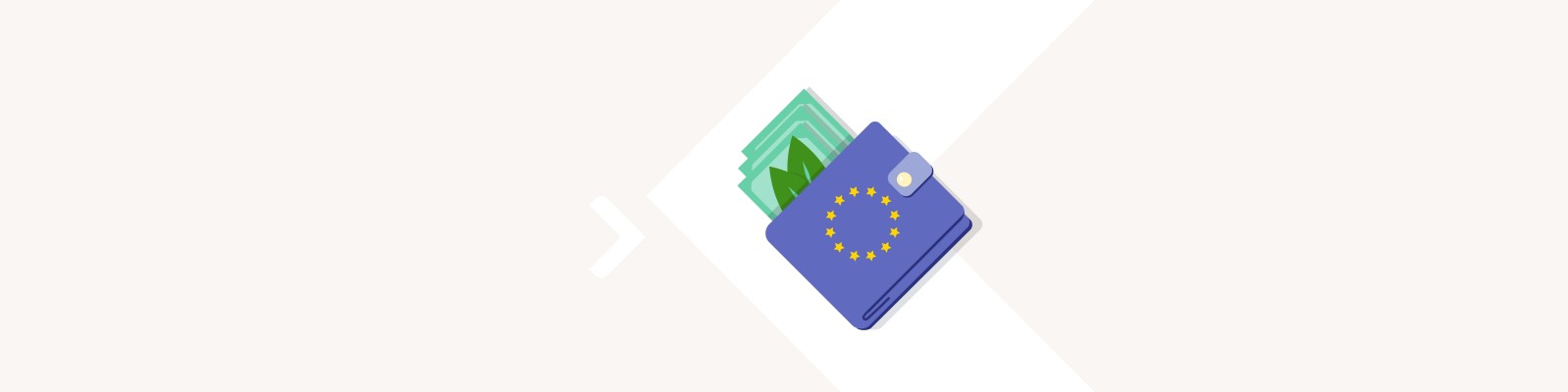 Illustration of a EU wallet and sustainable financing. In the background is a white arrow on top of a warm grey background