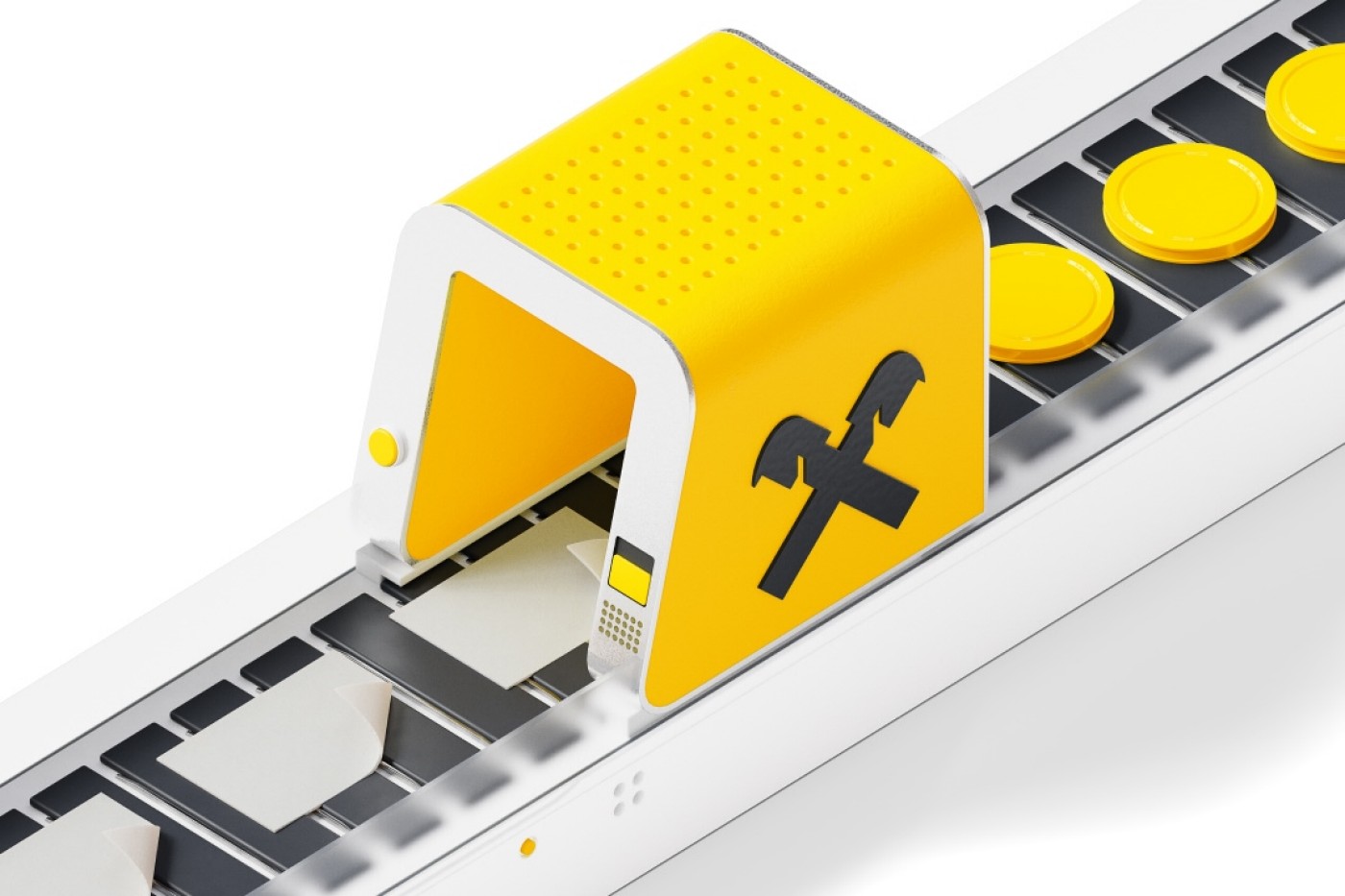 A conveyor belt with yellow coins and a yellow Raiffeisen icon, representing automated financial services and processes