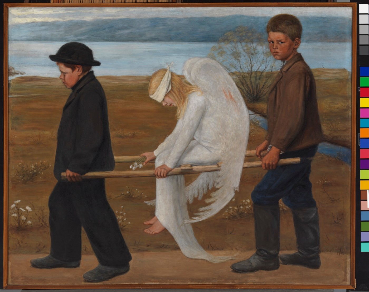 Teos: A II 1703 
teosnimi: Haavoittunut enkeli
teosnimi: Den sårede engel
teosnimi: Der verwundete Engel
teosnimi: Sårad ängel
teosnimi: The Wounded Angel
teosnimi: El ángel herido
teosnimi: L'Ange blessé
muu teosnimi: _____ (1903)
Hugo Simberg, taiteilija
valmistusaika: 1903
Mitatteosmitat: 127,0 x 154,0 cm
kehys: 144,5 x 172,5 x 10,0 cm

Mat. / Tekn.pohjamateriaali, kangas
Materiaali, öljy
Tekniikka, öljy kankaalle
Merkinnätoik.alh.: Hugo Simberg  /  1903

Asiasanat	kohtaus; paarit; poika; enkeli; haavoittunut; maisema; Eläintarhan ranta; Töölönlahti; oja; Helsinki; kukka; pensas; allegoria; ihmiset
Kuvaus	
Luokitus	maalaus

Omistaja Suomen valtio
Vastuutaho Kansallisgalleria / Ateneumin taidemuseo
Photo: Kansallisgalleria / Hannu Aaltonen