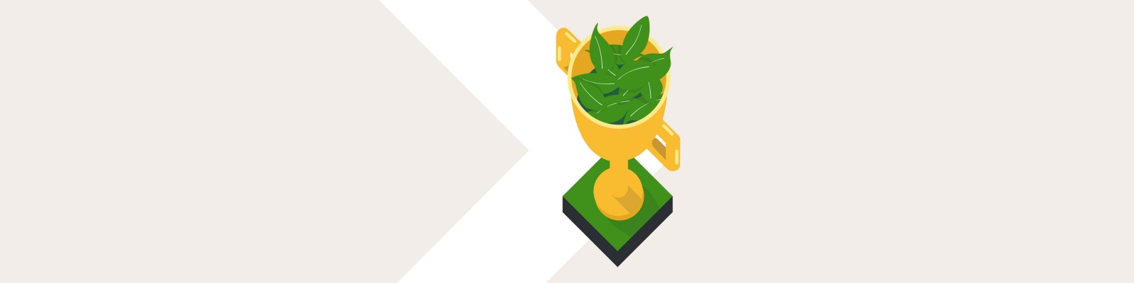 A trophy illustration holding green leaves, showing a reward of the year alike, with a white Raiffeisen arrow on the Warm Grey backround