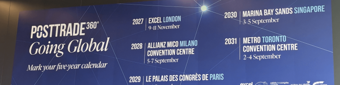 Large blue event banner displays the PostTrade360 Going Global theme and a five-year calendar of conferences. The timeline lists venues and dates including Excel London in 2027, Allianz MiCo Milano Convention Centre in 2028, Le Palais des Congrès de Paris in 2029, Marina Bay Sands Singapore in 2030, and Metro Toronto Convention Centre in 2031. White text stands out against a dark blue gradient background with subtle connecting lines and nodes. The design suggests an international financial or post-trade industry series of events.