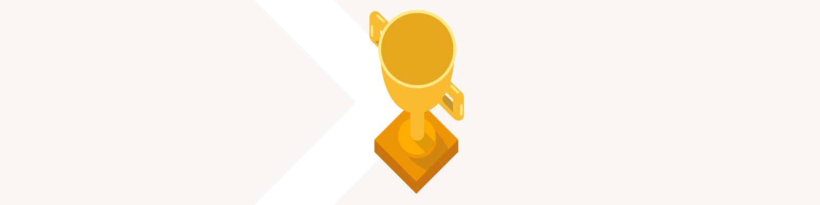 A golden trophy with two handles is displayed on a square pedestal. The setting features a minimalistic design with a light beige background and a white diagonal stripe. The trophy symbolizes achievement and success, with a clean and modern visual style.