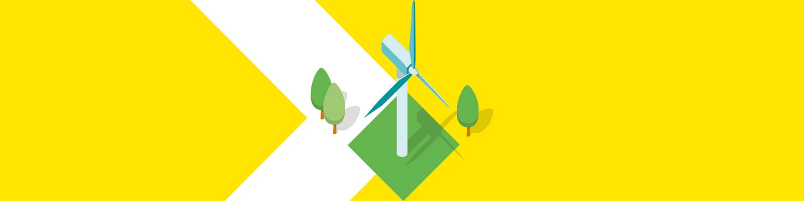 A wind turbine stands on a green base surrounded by trees, set against a bright yellow background. Represents renewable energy in a colorful environment.