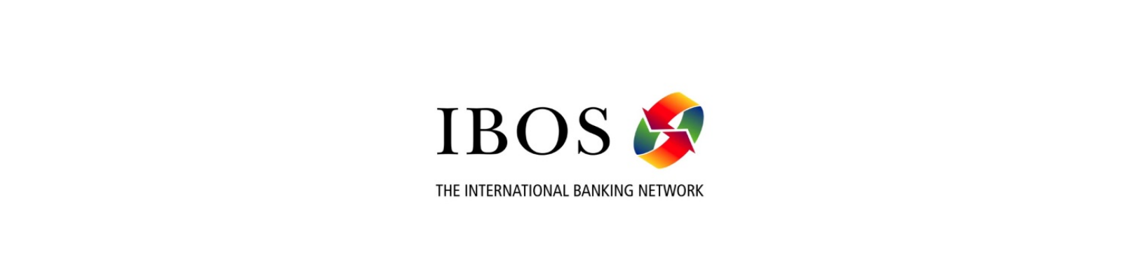 The image features the IBOS logo, accompanied by the tagline 'The International Banking Network'. The logo includes a vibrant, multicolored circular design with intersecting shapes. The text is presented in a clean, professional font, emphasizing the global banking theme.