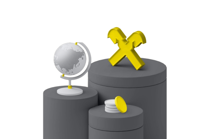 A stylized white globe with yellow stand sits on a dark cylindrical pedestal. Nearby, a stack of white coins with a yellow coin leaning against them is displayed. Behind them, two intersecting yellow tools, resembling a wrench and hammer, standing upright on a taller pedestal. The scene uses a minimal gray background with bright yellow accents for a modern, abstract look.