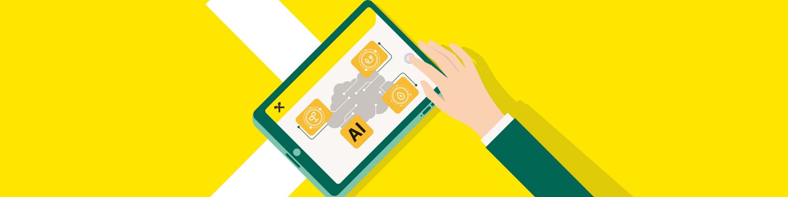 A yellow header image with RBI white arrow, above stands a hand with a tablet picturing a complex chain of AI processes,