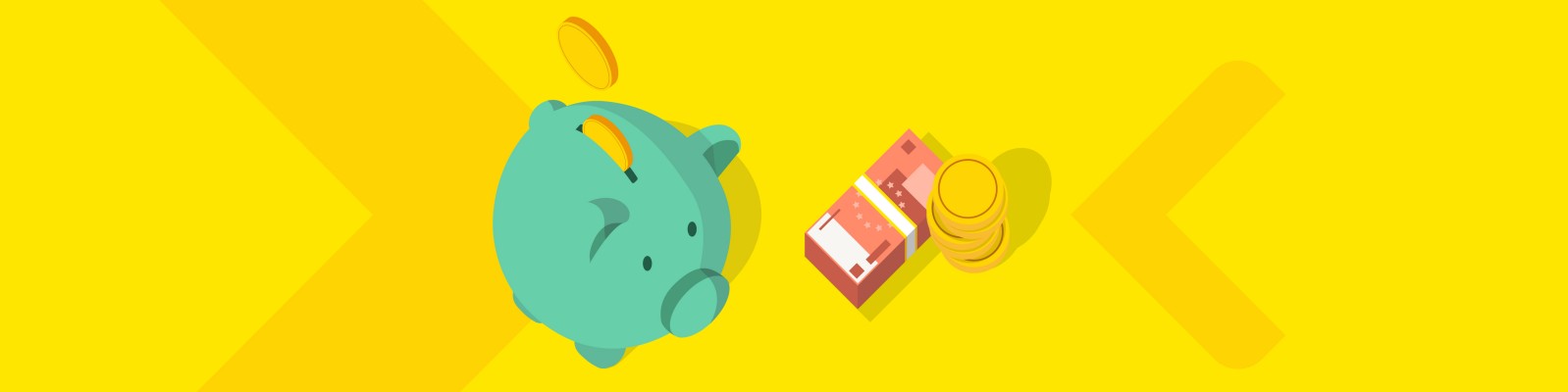 A green piggy bank and a stack of euros on a yellow background, symbolizing financial solutions for savings.