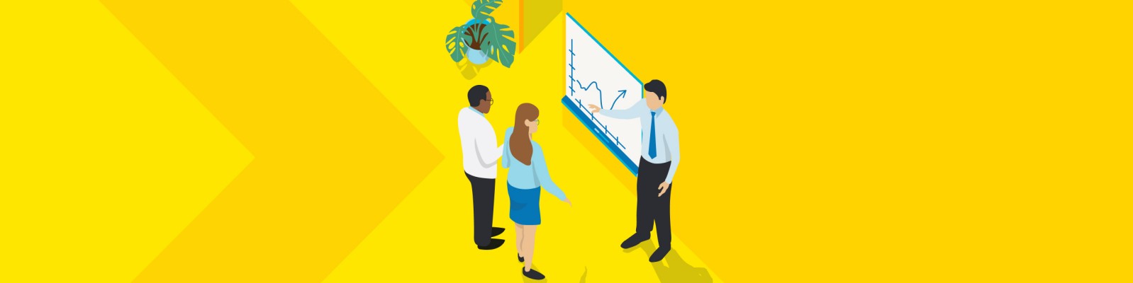 Illustration von drei Fachleuten in einer Besprechung, die Wachstumsdaten von einem Diagramm auf einem Whiteboard diskutieren und Teamstrategie sowie datenbasierte Einblicke symbolisieren