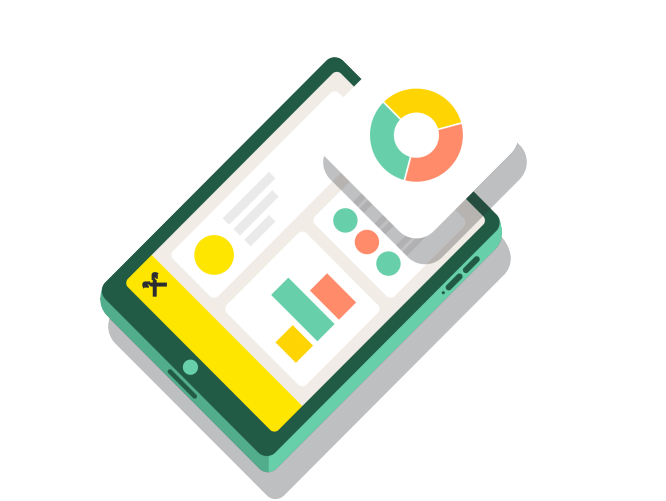 Isometric illustration of a smartphone displaying a colorful analytics dashboard. The screen shows charts, graphs, and circular icons in a flat design style. A floating card with a multicolored donut chart hovers above the device, emphasizing data visualization. Bright green, yellow, orange, and teal tones create a modern, playful look suitable for tech or app concepts.