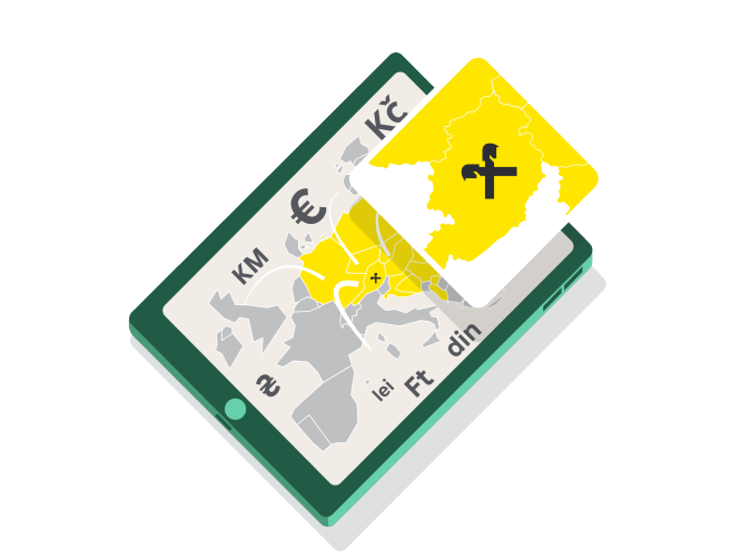 Illustration of a digital tablet displaying a stylized map of Europe with various currency symbols. A yellow-highlighted country card with a stylized black letter overlays the tablet screen. The map includes visible text such as KM, €, Kč, lei, Ft, and din to represent different regional currencies. The color palette is primarily yellow, gray, white, and green, giving a modern, flat design feel. The composition suggests digital finance, travel, or regional payment services.