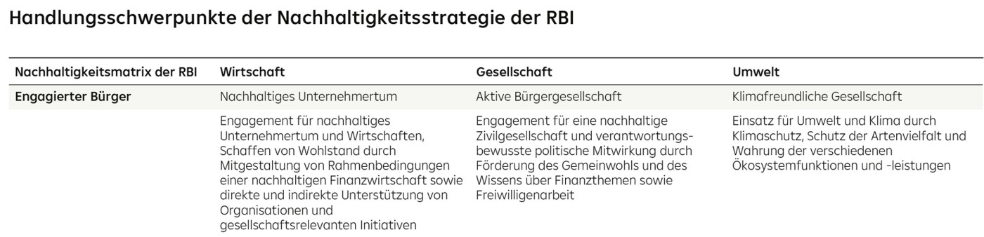 A table outlining the core action areas of RBI's sustainability strategy, including categories for economy, society, and environment, with a focus on sustainable entrepreneurship, active civil society, and environmentally friendly practices.