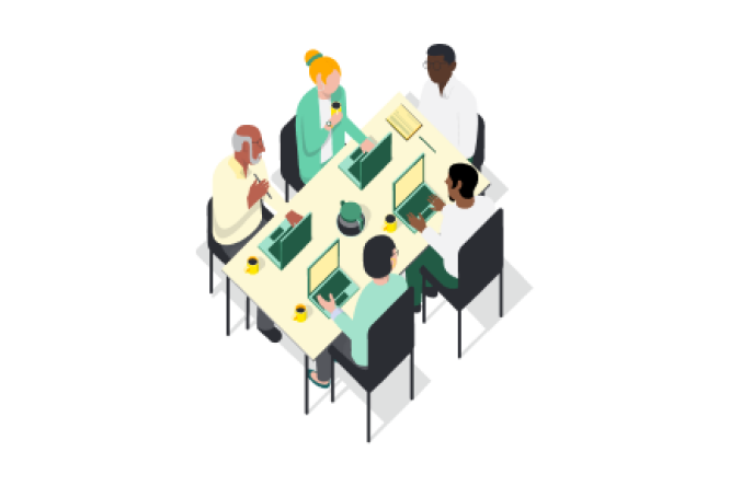 Eine gemischte Gruppe von fünf Personen sitzt um einen rechteckigen Tisch, arbeitet an Laptops und diskutiert. Die Szenerie erinnert an ein Büro oder einen Besprechungsraum mit Kaffeetassen auf dem Tisch. Die Illustration zeichnet sich durch einen klaren, minimalistischen Stil mit gedeckten Farben und professioneller Atmosphäre aus.