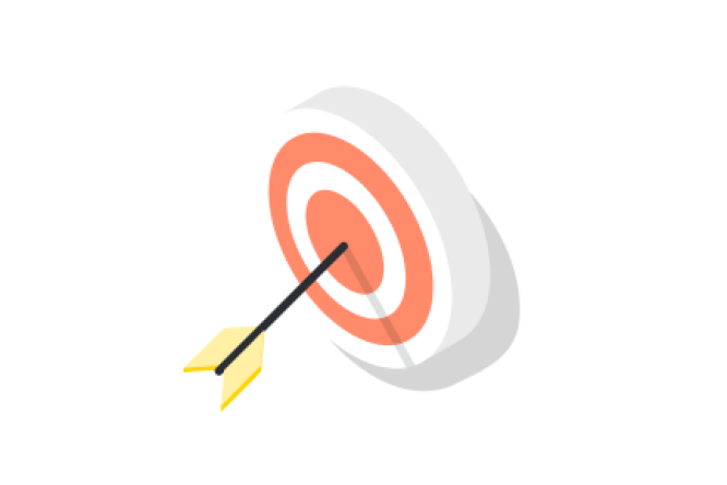 Illustration eines Pfeils, der die Mitte einer kreisförmigen orange-weißen Zielscheibe trifft. Das Design zeichnet sich durch einen klaren, minimalistischen Stil mit Fokus auf Präzision und Genauigkeit aus. Der Pfeil ist schwarz mit gelbem Ende und unterstreicht so den Leistungsgedanken.