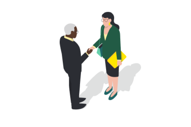 Illustration of two professionals shaking hands, symbolizing a business agreement or partnership. The man is dressed in a black suit, while the woman wears a green blazer and holds a yellow folder. The setting is minimalistic with a white background, emphasizing the interaction.