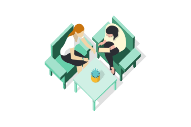 Illustration zweier Frauen in einer modernen Lounge mit türkisfarbenen Möbeln. Eine Frau hat rote Haare und trägt ein weißes Hemd, die andere hat dunkle Haare und hält ein Tablet in der Hand. Zwischen ihnen steht ein kleiner Tisch mit einer Topfpflanze, der einen minimalistischen Touch verleiht.