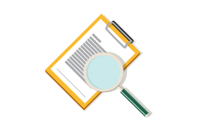 Abbildung einer Lupe über einem Klemmbrett mit einem Dokument. Die Einstellung betont die Betrachtung oder Analyse mit Fokus auf den vergrößerten Textbereich. Das Klemmbrett ist gelb und der Griff der Lupe grün, was einen klaren und professionellen visuellen Stil erzeugt.