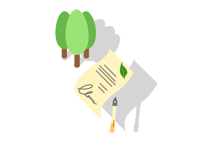 Illustration eines unterzeichneten Dokuments mit Blatt-Icon – symbolisiert Umweltbewusstsein. Im Hintergrund stehen drei stilisierte grüne Bäume und unterstreichen das Thema Nachhaltigkeit. Ein Stift und ein Schatten verleihen der Bildkomposition Tiefe.