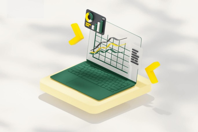 Eine 3D-Illustration eines grünen Laptops mit Finanzdiagrammen und gelben Pfeilen auf hellem Hintergrund.