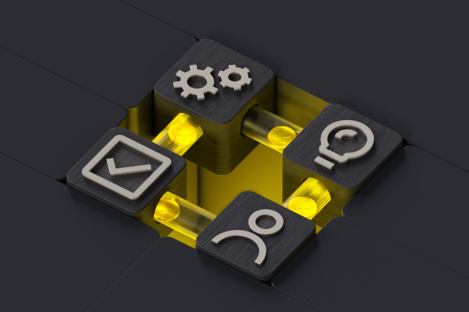 Das Bild zeigt vier metallische Symbole, die auf dunklen, quadratischen Blöcken um ein leuchtend gelbes Zentrum angeordnet sind. Die Symbole stellen ein Häkchen, Zahnräder, eine Person und eine Glühbirne dar und symbolisieren Aufgaben, Umgebungen, Nutzer und Ideen. Zylindrische gelbe Elemente verbinden die Blöcke und erzeugen so einen Eindruck von Struktur und Dynamik. Das Design ist insgesamt modern und minimalistisch mit einer Farbpalette aus Schwarz und Gelb.