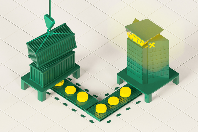 Die stilisierte isometrische Illustration zeigt einen grünen Kran, der Container neben einem hohen Gebäude stapelt. Ein Förderband verbindet die Container mit dem Gebäude und transportiert leuchtend gelbe, runde Objekte, die Datentoken oder Münzen ähneln. Kleine Pfeile auf dem Boden zeigen die Transportrichtung zum Gebäude hin an und deuten auf Weiterleitung oder Verarbeitung hin. Die Szene besticht durch einen minimalistischen Rasterhintergrund und eine grüne und gelbe Farbpalette, die für einen klaren, modernen Look sorgt.