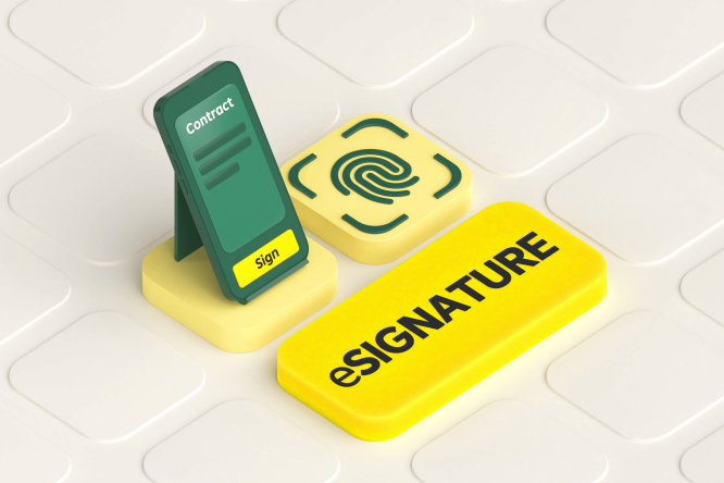 Illustration eines grünen digitalen Vertragssymbols neben einem gelben Fingerabdrucksymbol. Ein leuchtend gelbes Rechteck zeigt den Schriftzug „eSIGNATURE“ in Fettdruck. Die Szene spielt auf einer hellen, gefliesten Oberfläche mit weichen Schatten und einem modernen, minimalistischen Design. Die Farbgebung konzentriert sich auf Grün- und Gelbtöne, um die Konzepte der digitalen Sicherheit und Signatur zu betonen.
