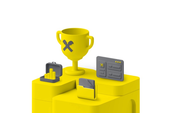 Eine lebendige 3D-Illustration mit Symbolen für geschäftlichen Erfolg und Organisation, darunter eine Trophäe, Datendiagramme und Dateiverwaltungssymbole, auf einer leuchtend gelben Plattform