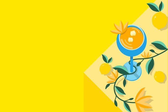 A colorful illustration of a blue glass with an orange drink and ice cubes, surrounded by lemons, green leaves, and orange flowers on a bright yellow background.