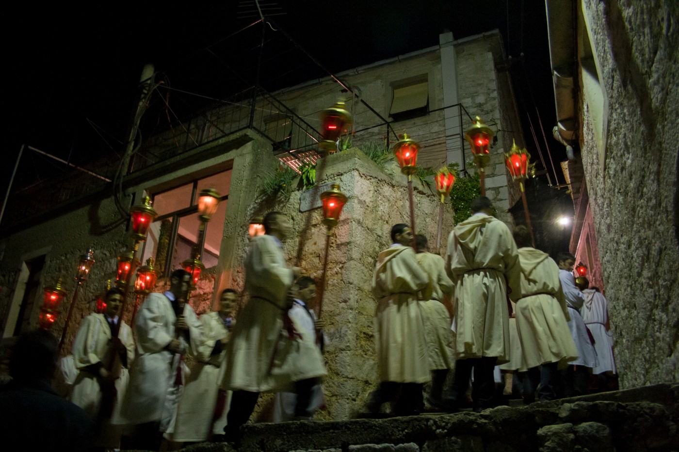 Men carrying lamps at night during a pilgrimage at Easter, Stari Grad, Hvar Island, Split-Dalmatia County, Croatia, Europe