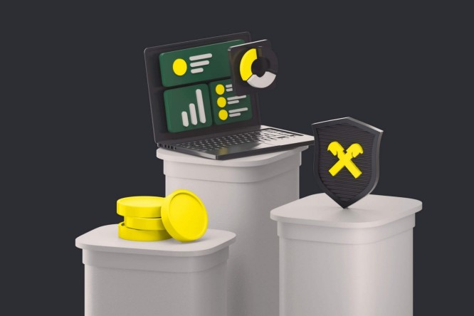 Die stilisierte isometrische Illustration zeigt einen grünen Kran, der Container neben einem hohen Gebäude stapelt. Ein Förderband verbindet die Container mit dem Gebäude und transportiert leuchtend gelbe, runde Objekte, die Datentoken oder Münzen ähneln. Kleine Pfeile auf dem Boden zeigen die Transportrichtung zum Gebäude hin an und deuten auf Weiterleitung oder Verarbeitung hin. Die Szene besticht durch einen minimalistischen Rasterhintergrund und eine grüne und gelbe Farbpalette, die für einen klaren, modernen Look sorgt.