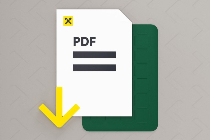 A stylized white PDF document icon is shown overlapping a dark green folder shape. A bold yellow downward arrow is attached to the lower left corner of the document, suggesting a file download action. The background is a light gray surface with a subtle geometric pattern. A small yellow square with a black symbol appears in the top left corner of the document.