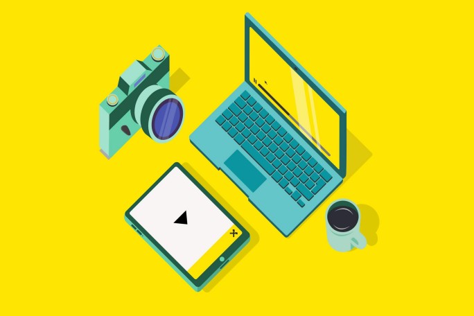 Illustration of a laptop, camera, tablet, and coffee cup on a bright yellow background.